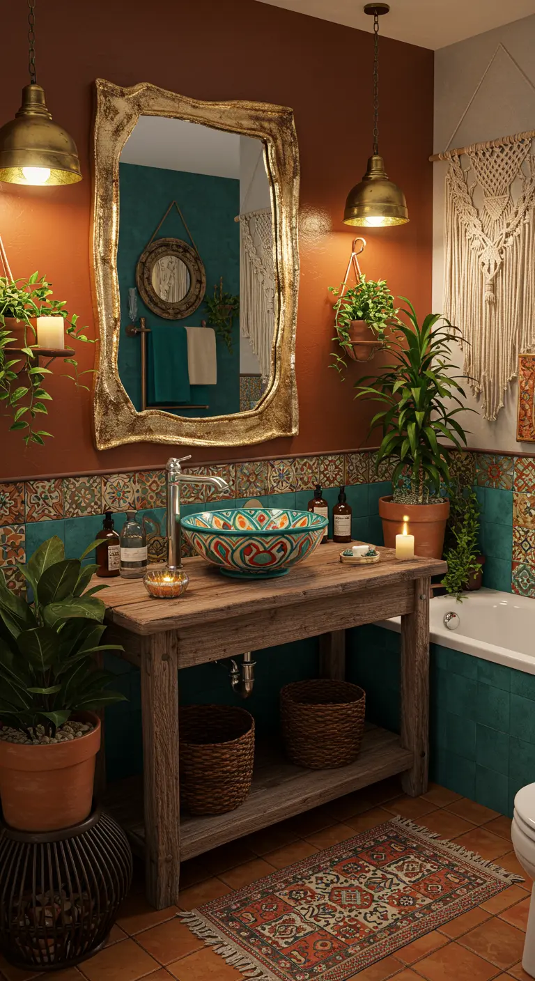 Bohemian badkamer met een grote spiegel met sierlijke gouden lijst boven een houten wastafel.