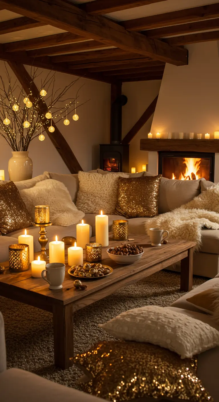 Gezellige woonkamer met brandende haard, veel kaarsen, en kussens in crème en goud.