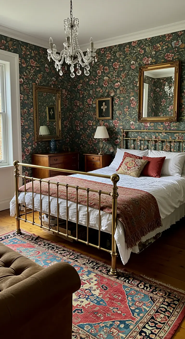 Klassiek messing bedframe tegen een muur met donker bloemenbehang en vintage spiegels.