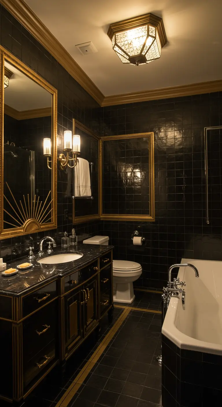 Donkere badkamer met zwarte tegels, gouden kranen en spiegellijsten voor een luxe uitstraling.