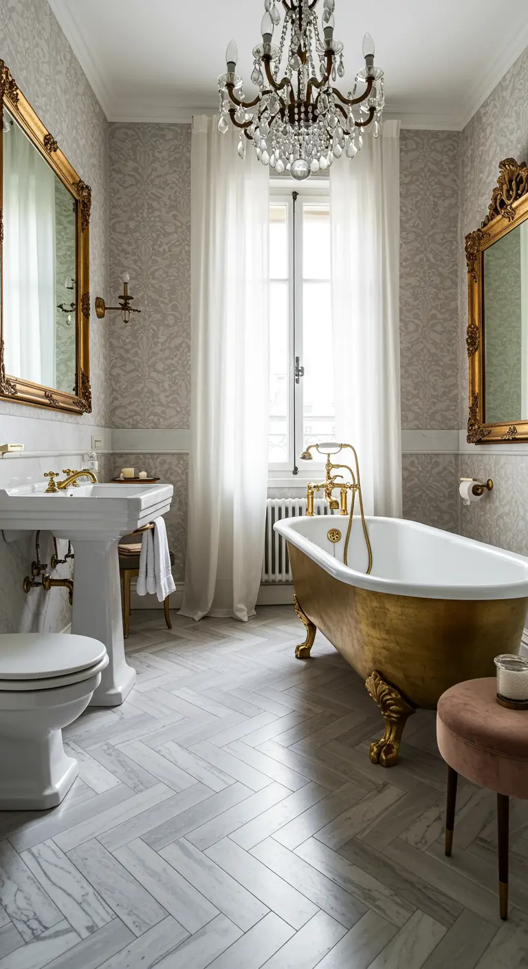 Klassieke badkamer met gouden bad op pootjes, kristallen kroonluchter en grote spiegels.