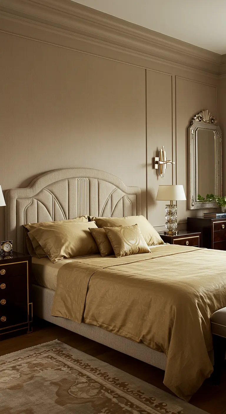 Luxe slaapkamer met beige muren, gouden zijden beddengoed, sierlijke spiegel en kristallen lampen.