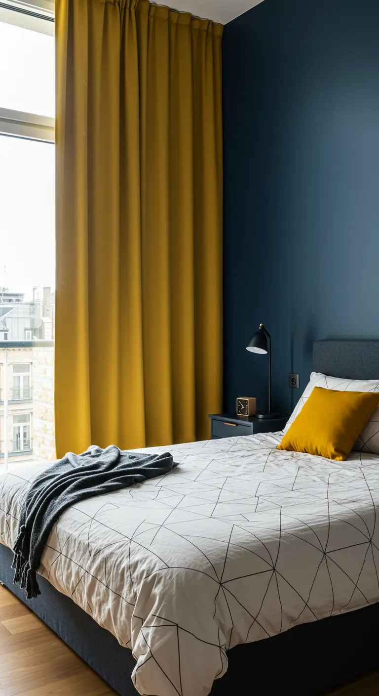 Slaapkamer met donkerblauwe muur en okergele gordijnen.