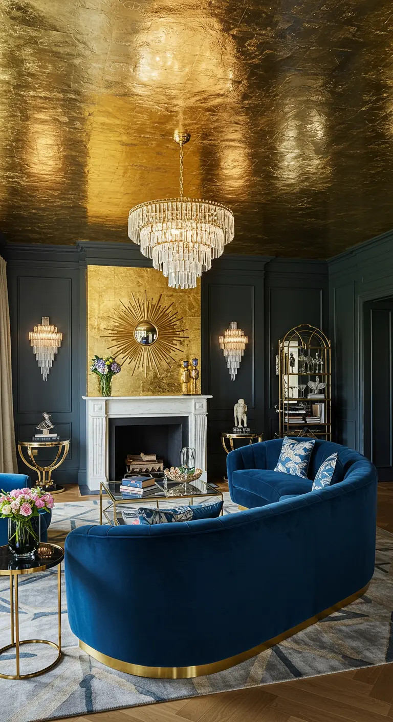 Luxe woonkamer met glanzend goudkleurig plafond en donkerblauwe muren.