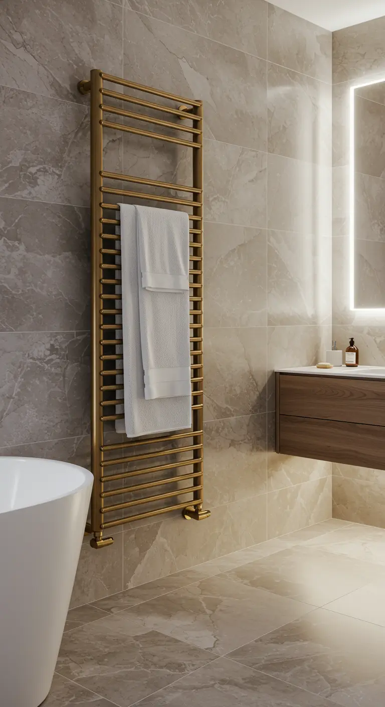 Hoge gouden handdoekradiator tegen een wand met lichte marmerlook tegels.