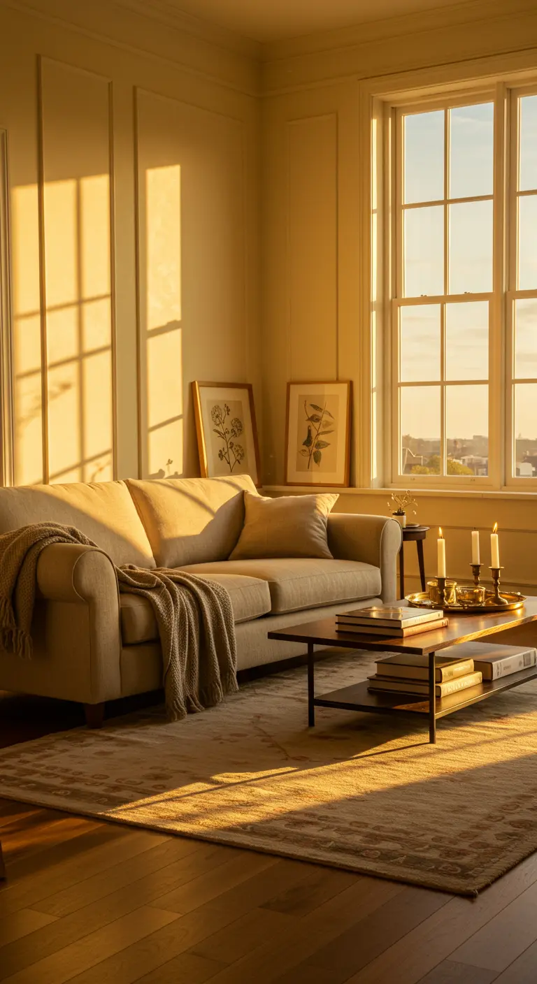 Lichte woonkamer met beige bank, badend in het warme licht van de ondergaande zon.