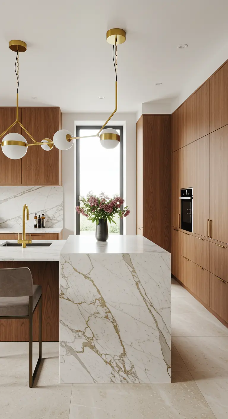 Keuken met houten kasten en een wit marmeren eiland met goudkleurige aders en gouden details.