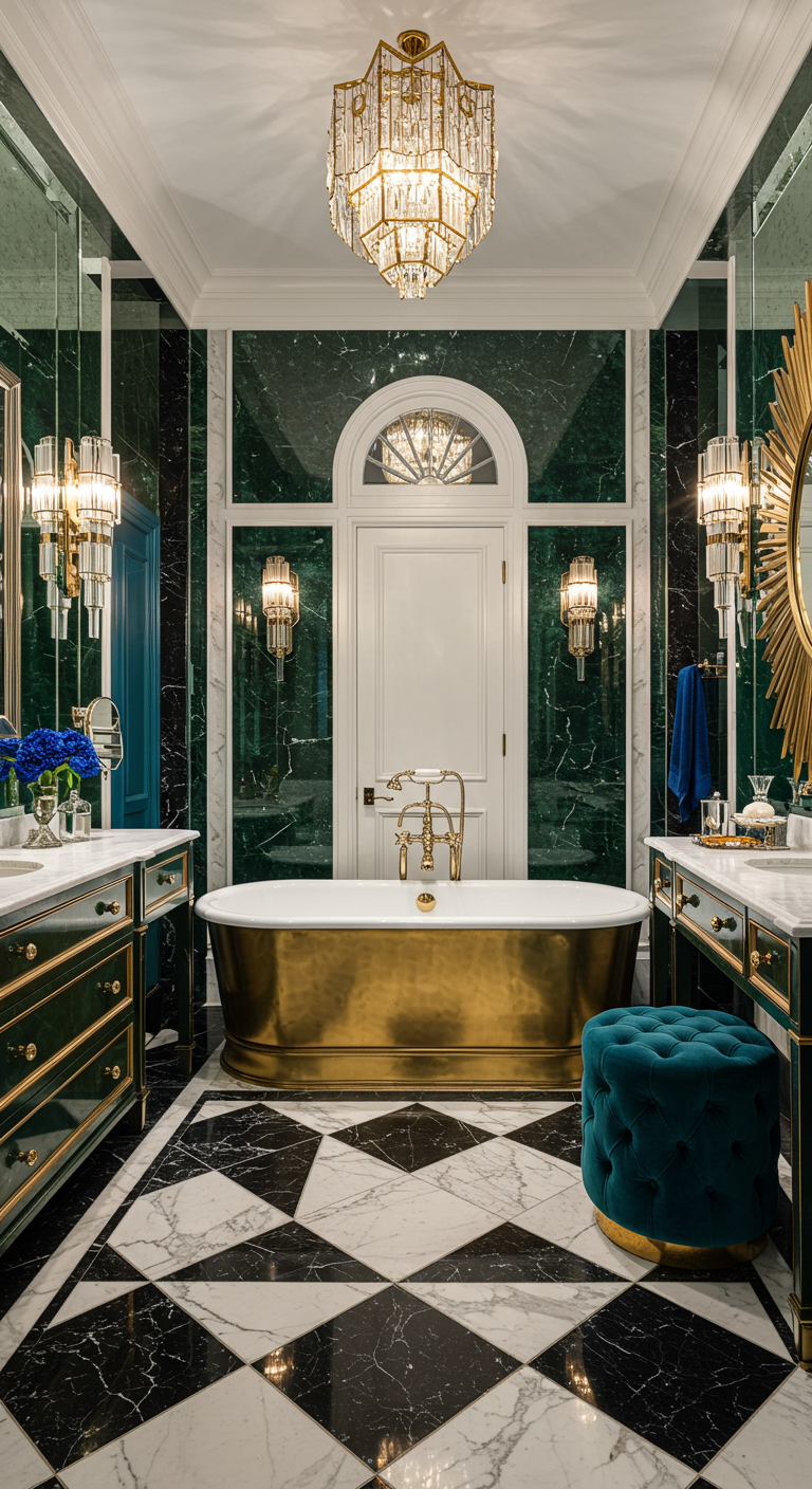 Gouden vrijstaand bad in een luxueuze Art Deco badkamer met groene marmeren muren en geometrische vloer.