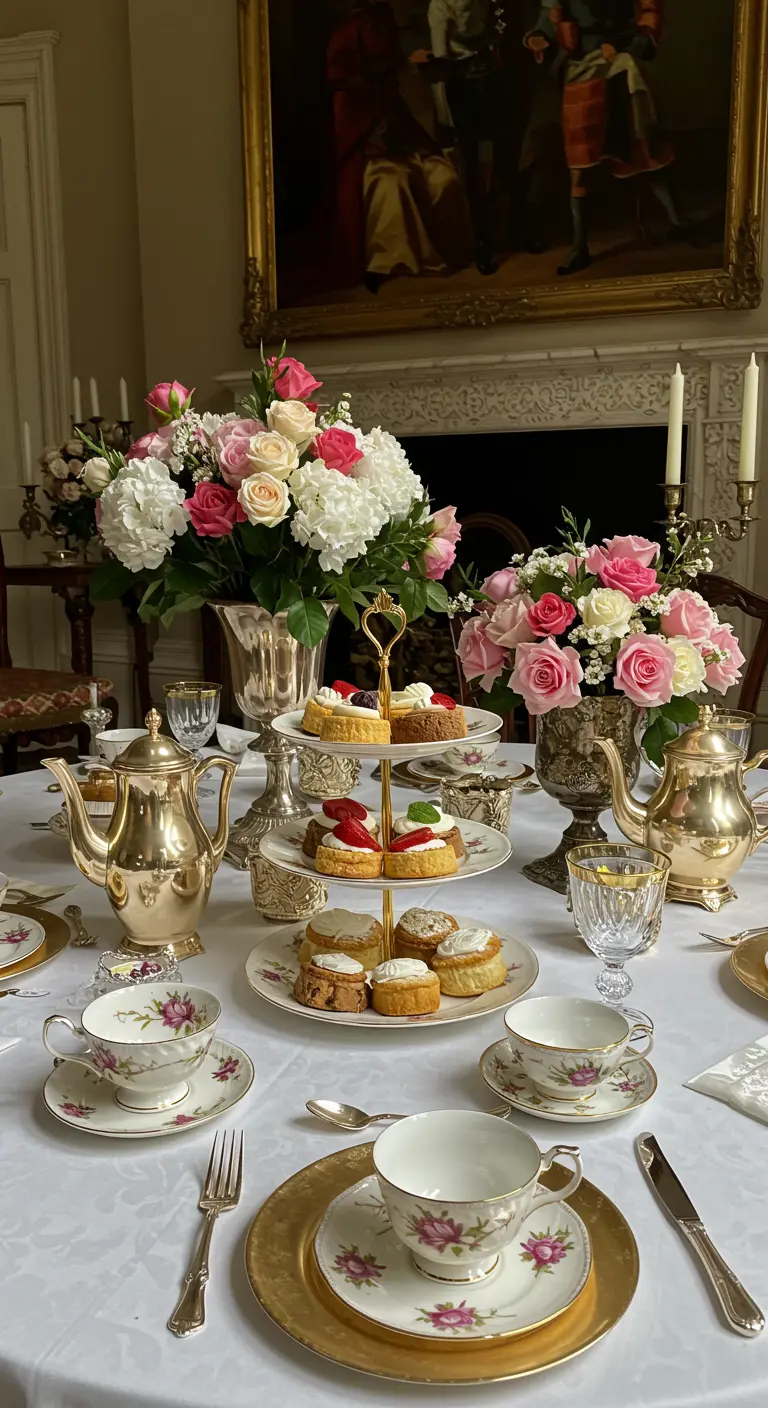 Elegante high tea tafel met gouden accenten, klassiek servies en grote bloemstukken.
