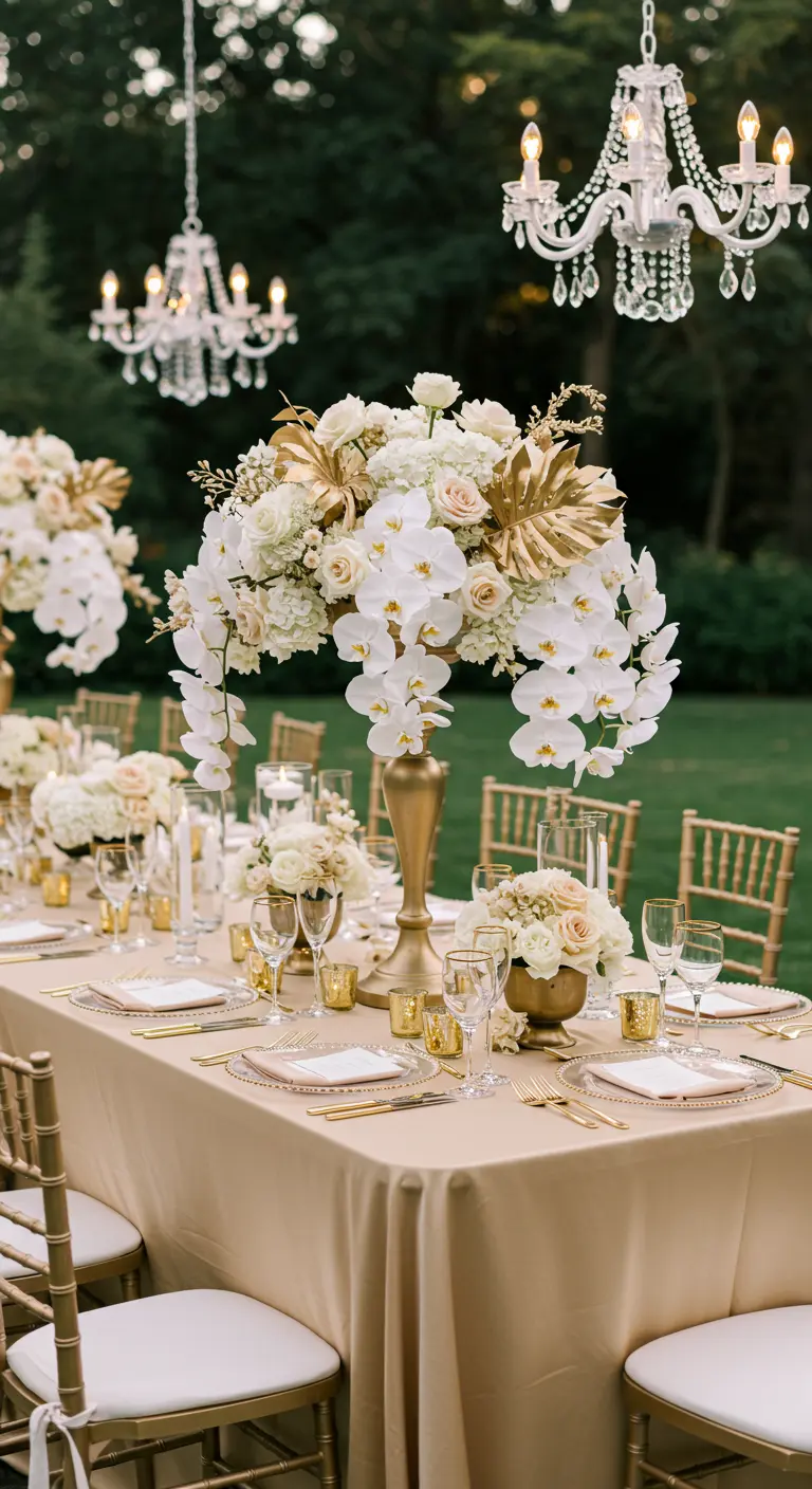 Luxe bruiloftstafel met goudkleurig kleed, hoog bloemstuk met orchideeën en gouden accenten.
