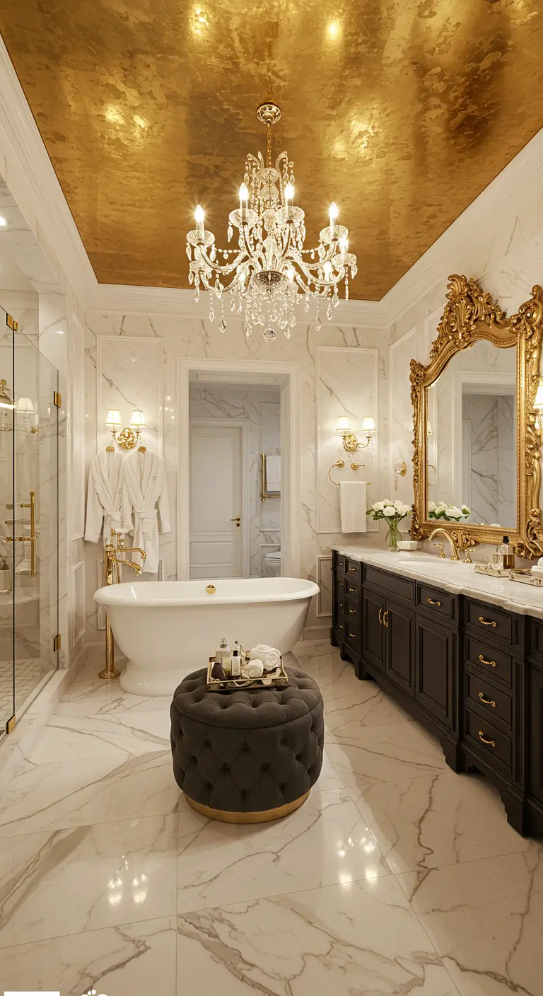Luxueuze badkamer met bladgoud plafond, marmer en kroonluchter.