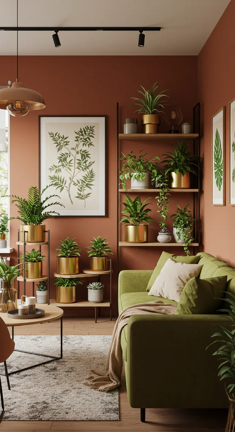 Woonkamer met terracotta muren, groene bank en planten in diverse gouden potten.