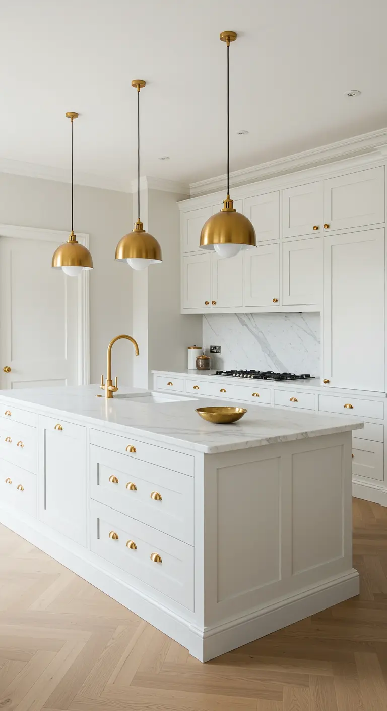 Witte keuken met gouden hanglampen boven het eiland, gouden kraan en gouden handgrepen.