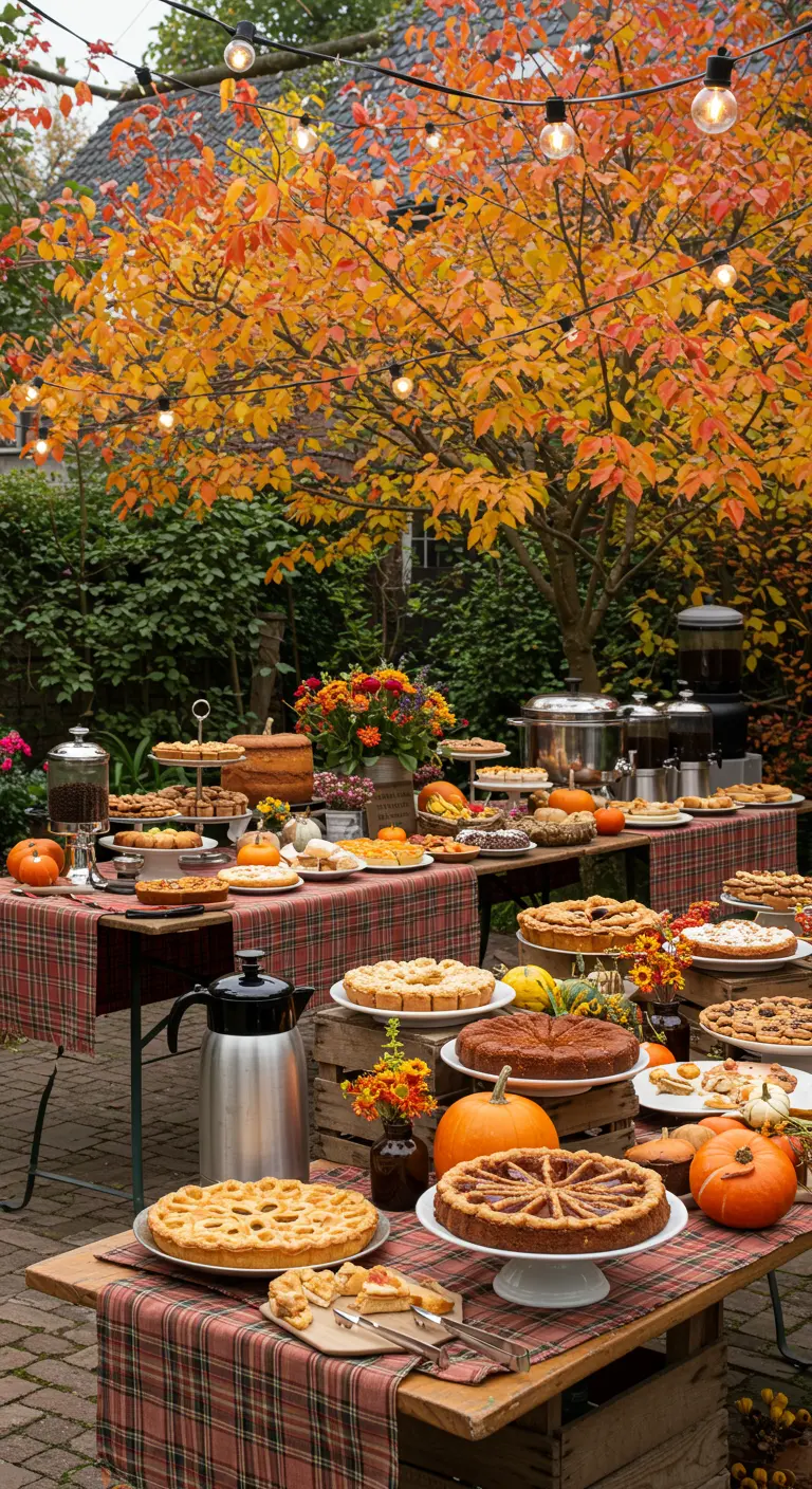 Herfstig buitenbuffet met taarten, pompoenen en lichtslingers.