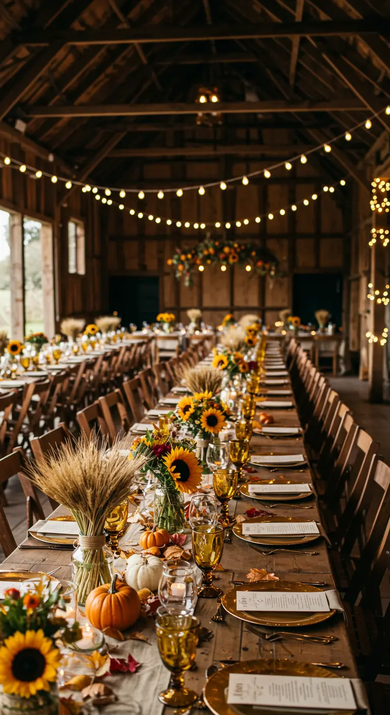 Herfst bruiloft tafelschikking met zonnebloemen, pompoenen, gedroogde grassen en stringlights.