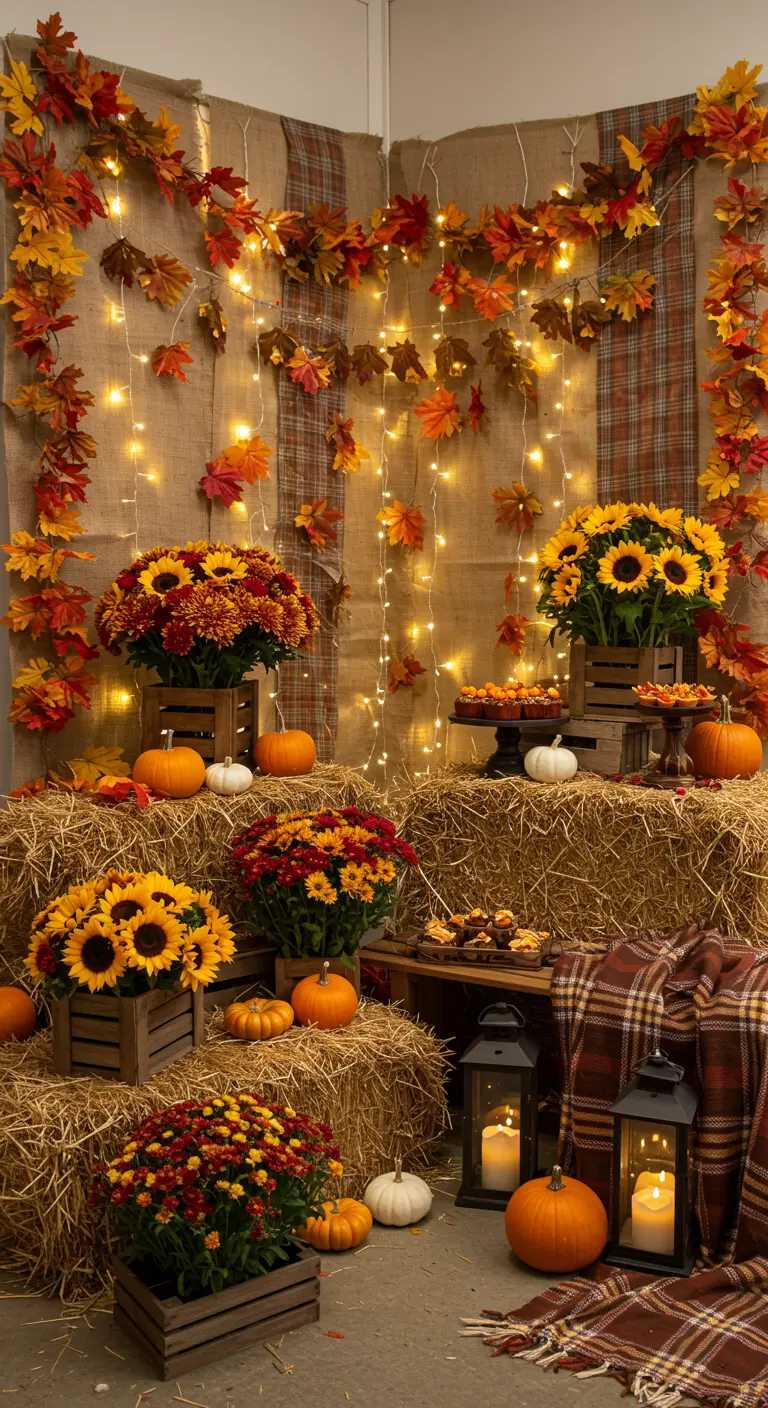 Herfstthema verjaardagsdecoratie met hooibalen, pompoenen, herfstbladeren, bloemen en lantaarns.