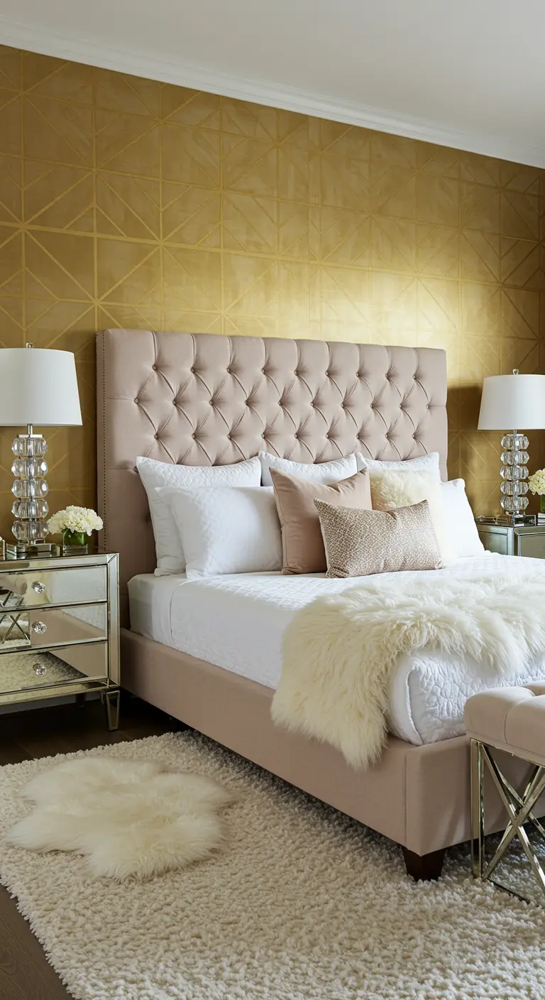 Gouden geometrisch behang als accentmuur achter een beige gestoffeerd bed.