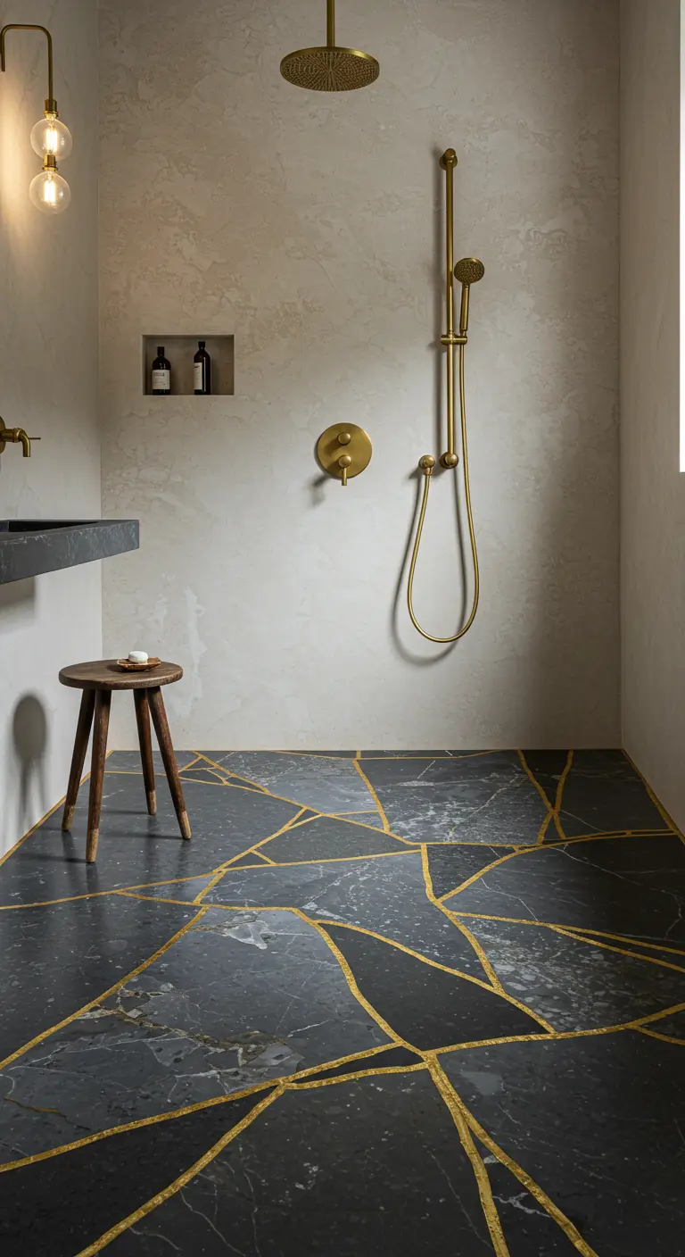 Donkere douchevloer met gouden lijnen die lijken op Kintsugi, de Japanse kunst van gebroken keramiek repareren.