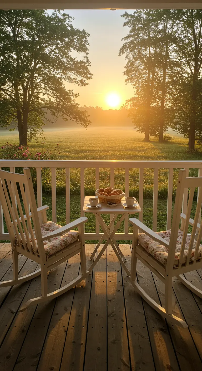 Twee witte schommelstoelen met ontbijt op veranda met uitzicht op zonsopgang over een mistig veld.