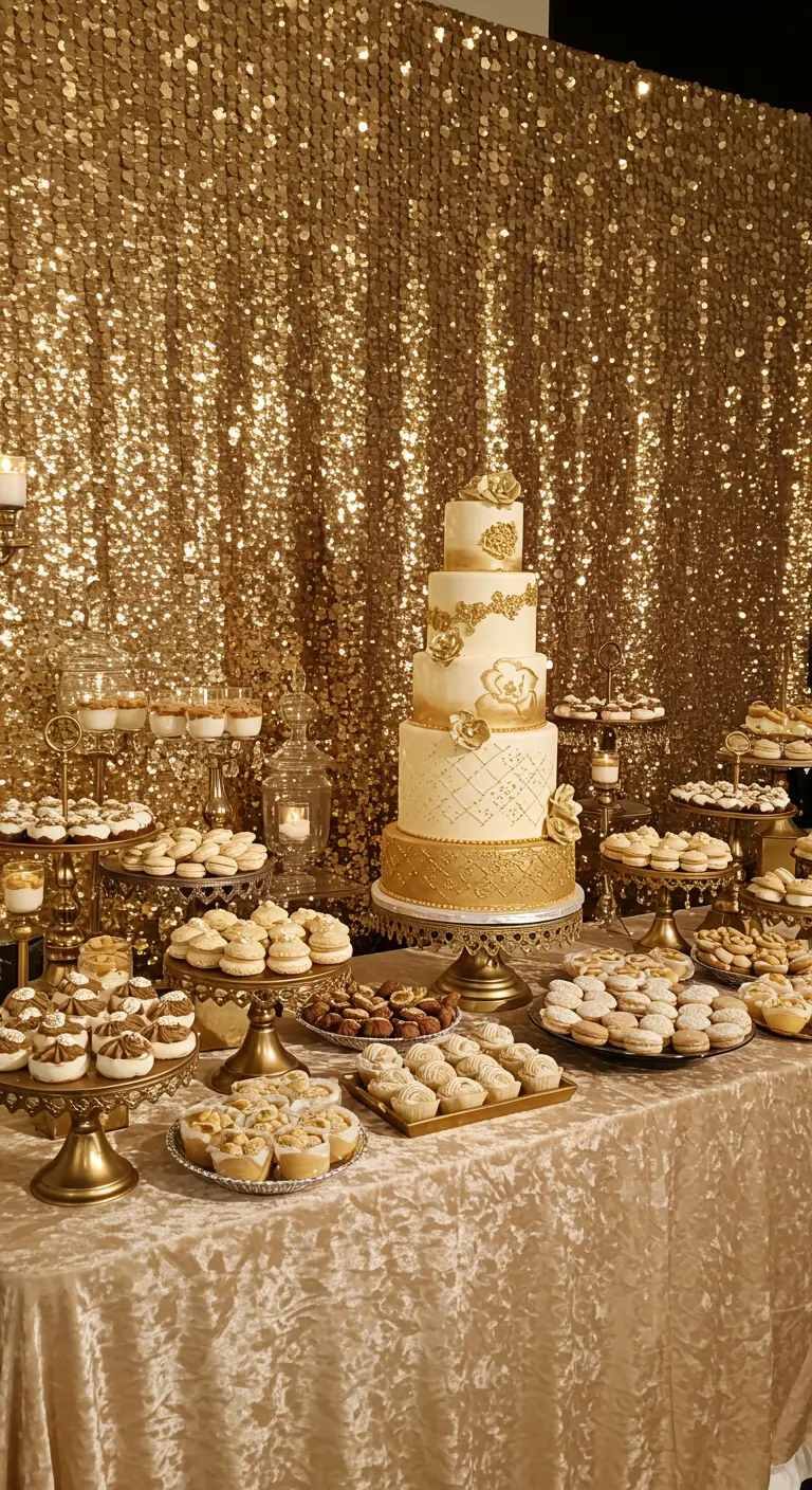 Uitbundige desserttafel met gouden pailletten achtergrond, goud-witte taart en diverse lekkernijen.