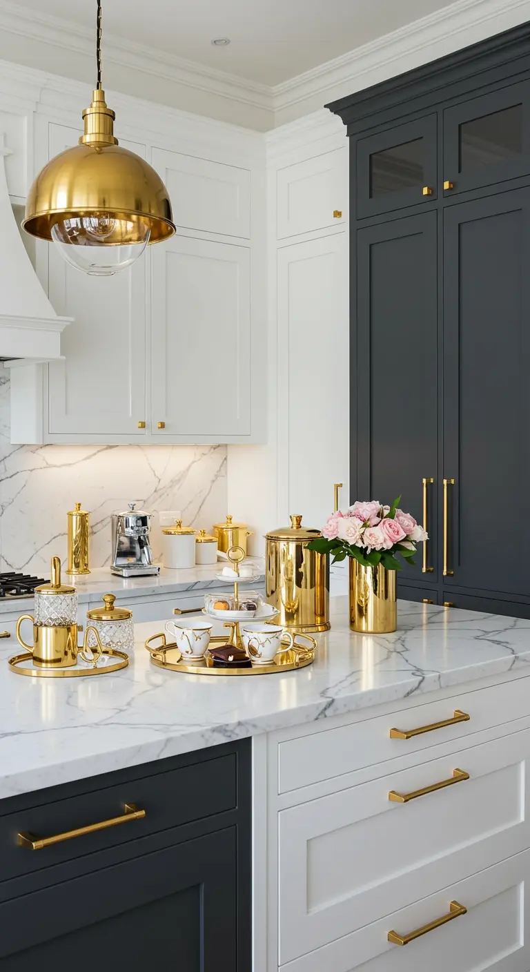 Luxe koffiecorner met gouden accenten, marmeren blad en donkere kasten.