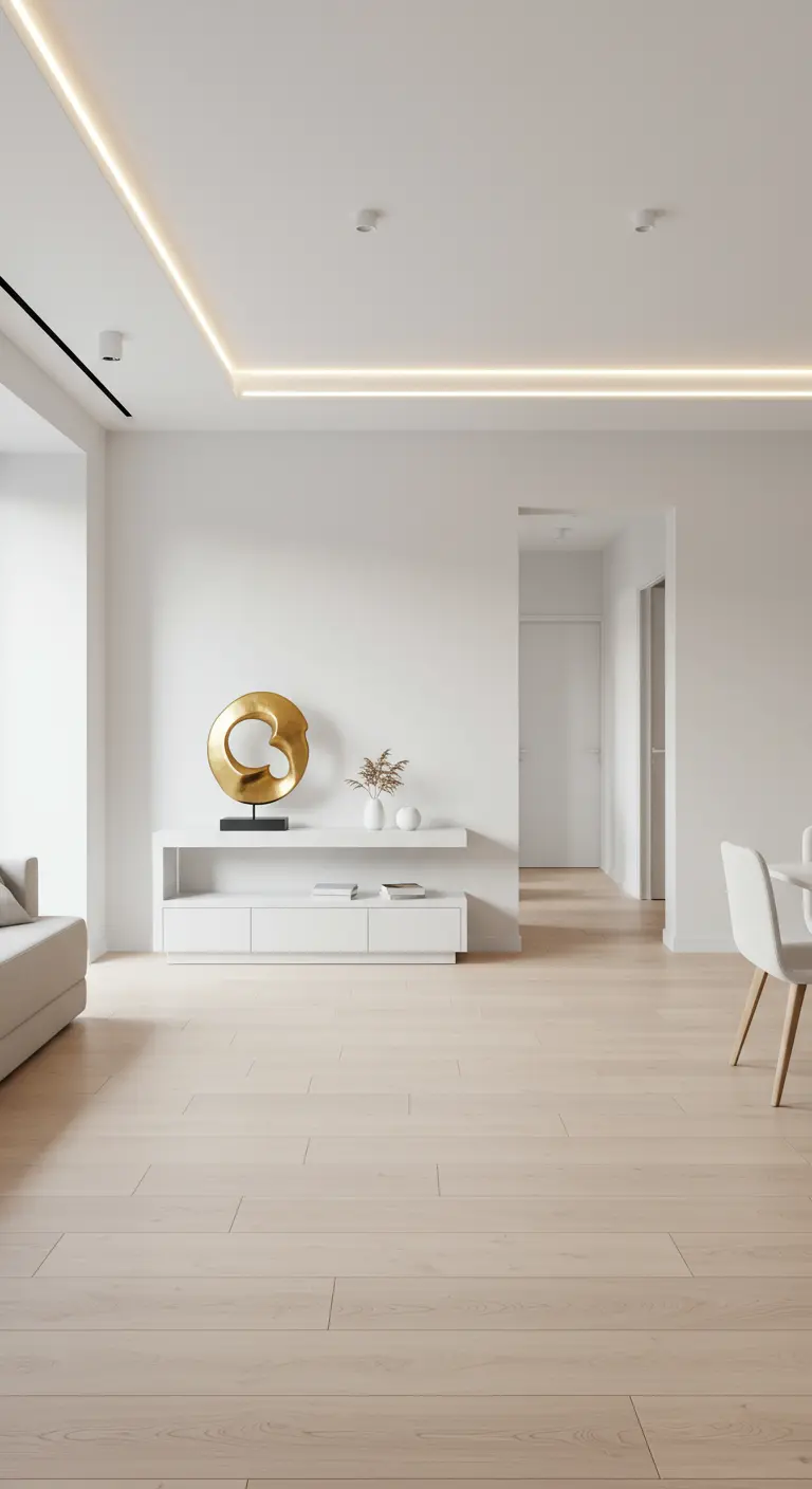Minimalistische witte ruimte met een abstract gouden sculptuur op een wit dressoir.