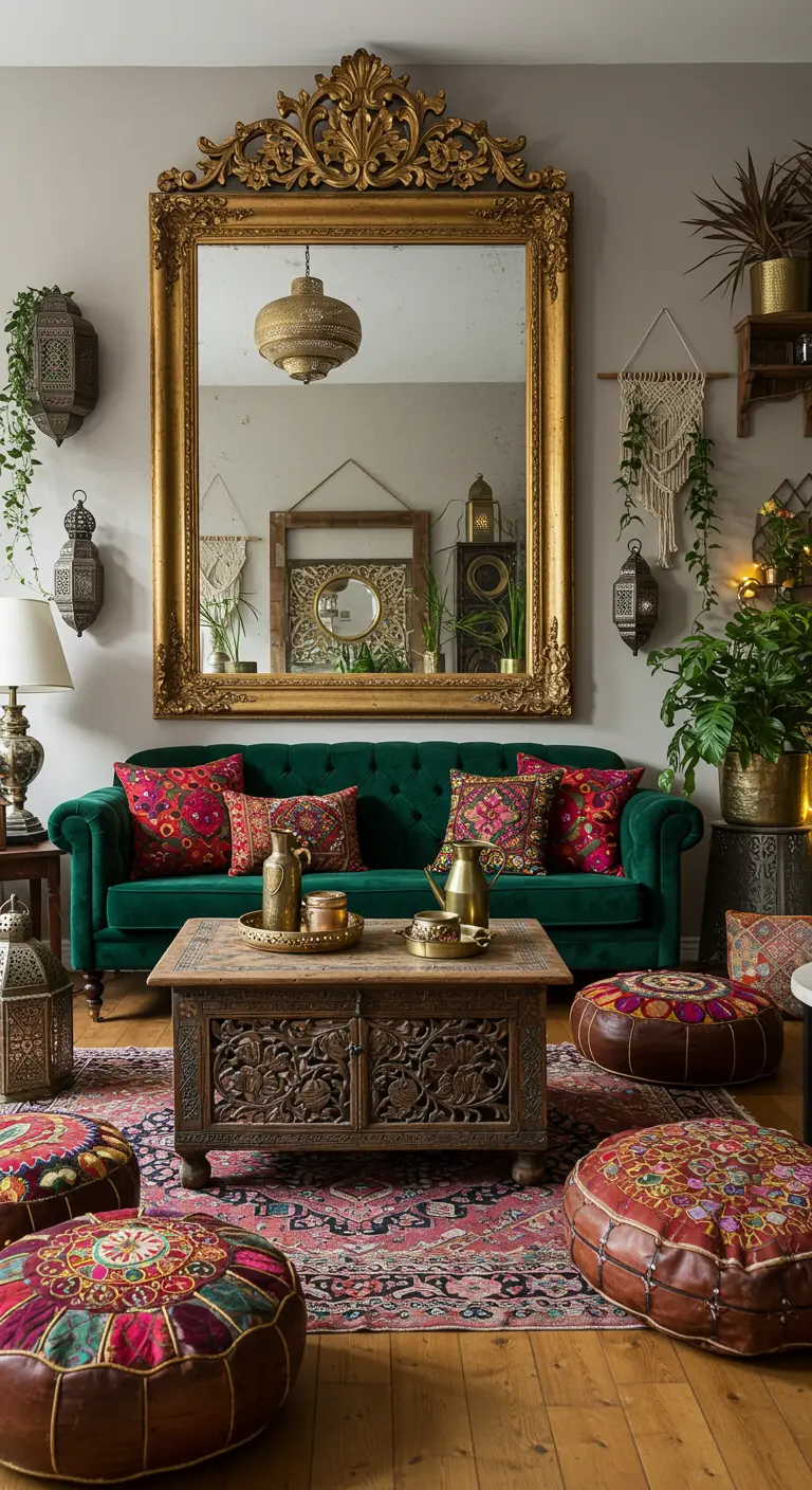 Bohemian woonkamer met smaragdgroene bank en grote gouden spiegel.