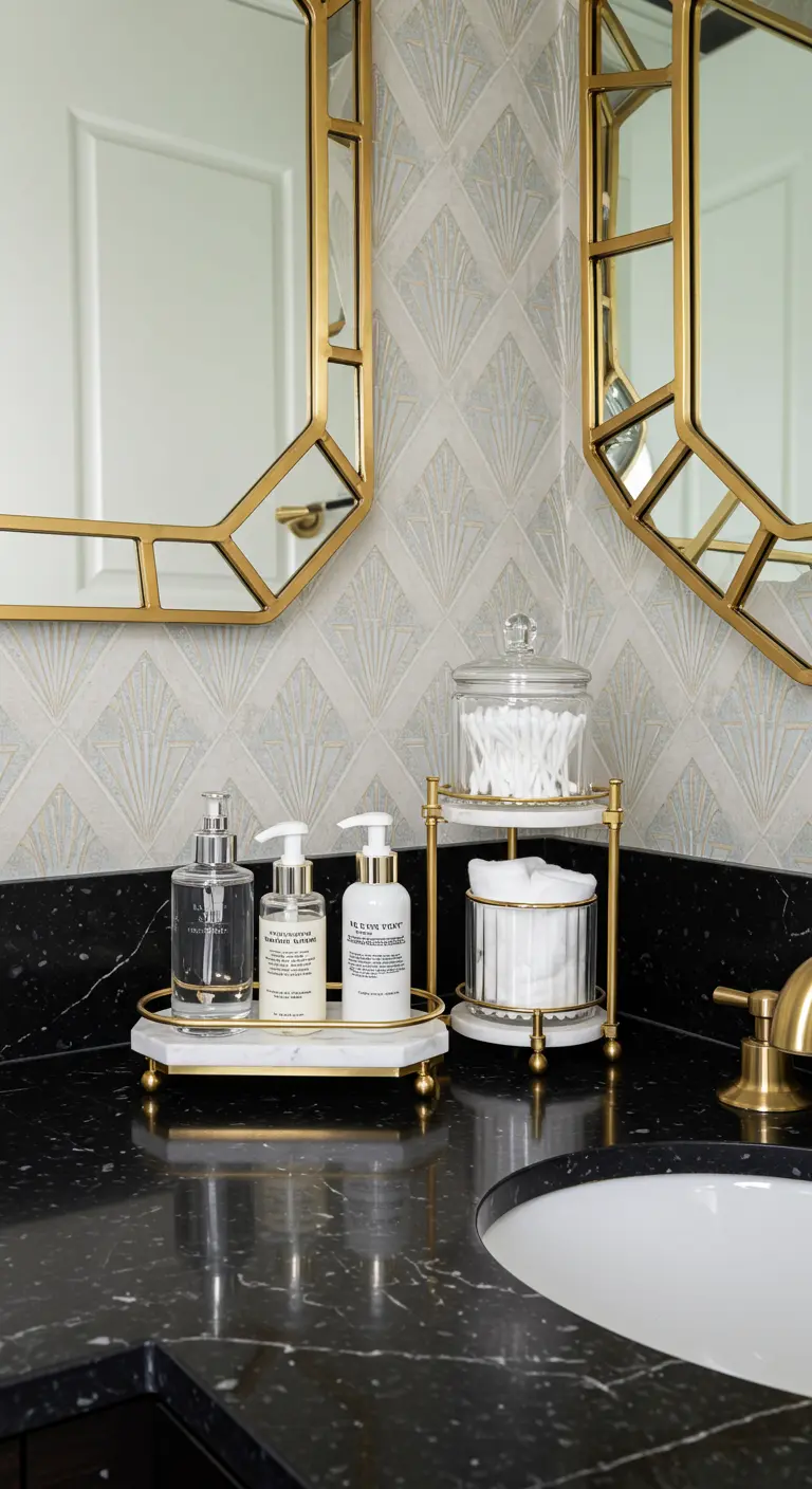 Luxe gouden en marmeren dienblad en etagère met verzorgingsproducten op een zwarte wastafel.