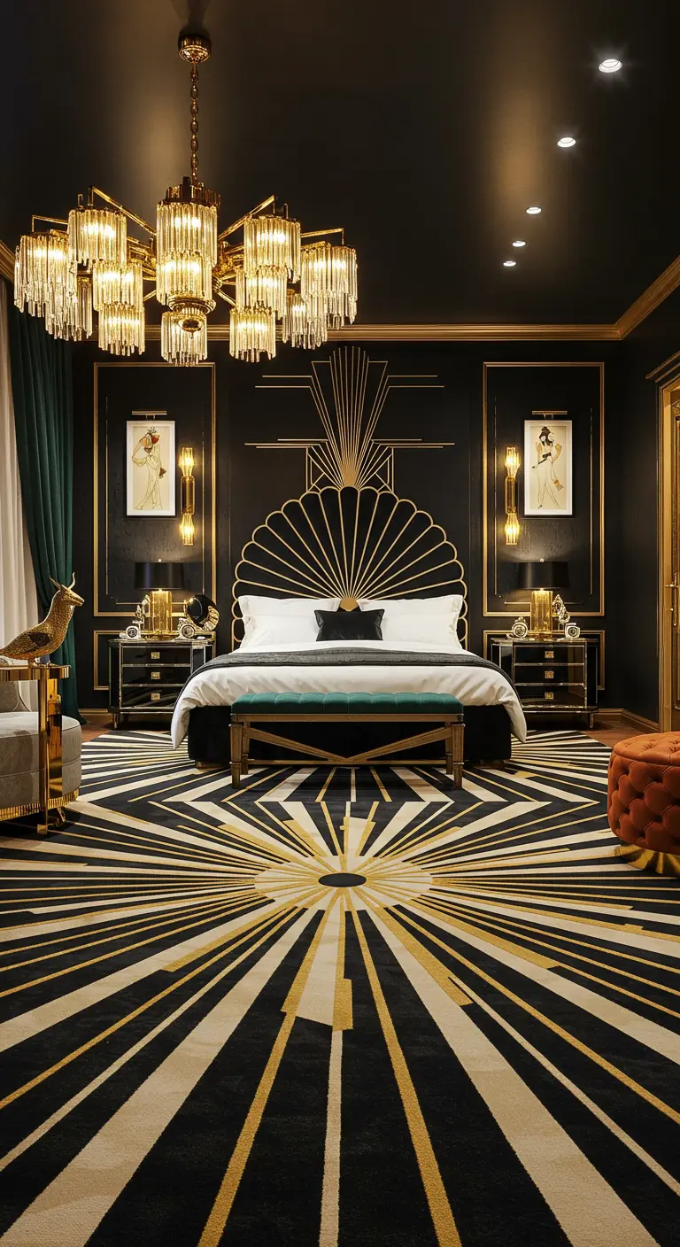 Art Deco slaapkamer met een opvallend zwart-goud grafisch tapijt en luxe kroonluchter.