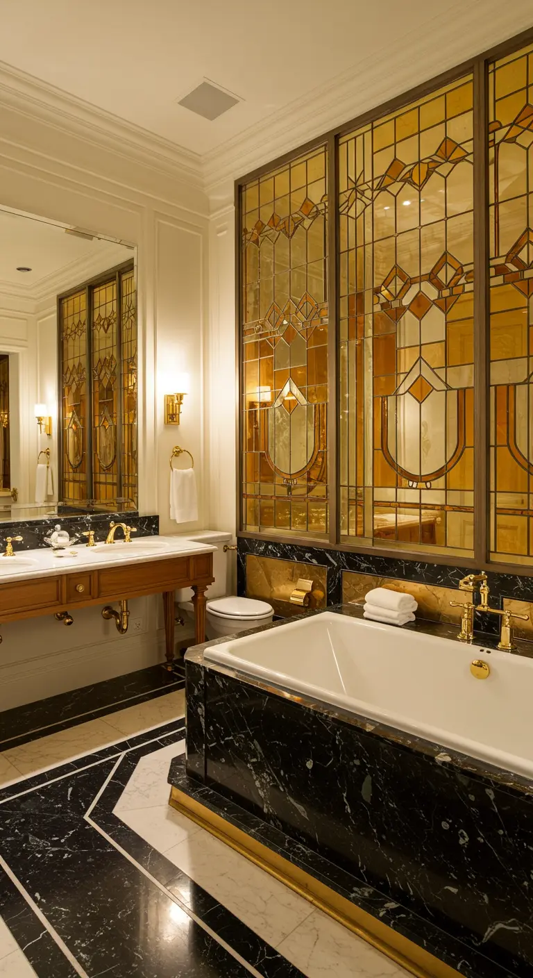Luxe badkamer in Art Deco stijl met amberkleurig glas-in-lood en zwart marmer.