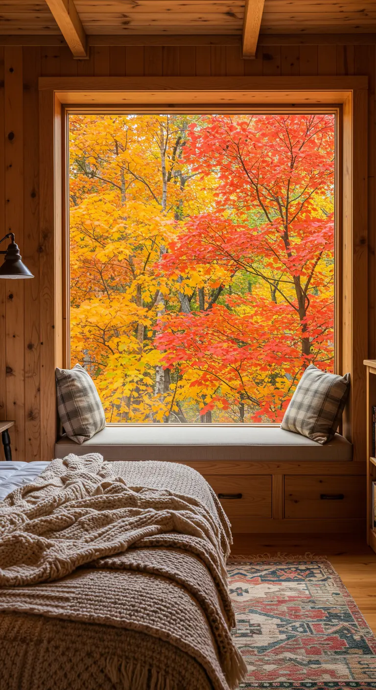 Knusse slaapkamer met houten wanden en uitzicht op herfstbomen.