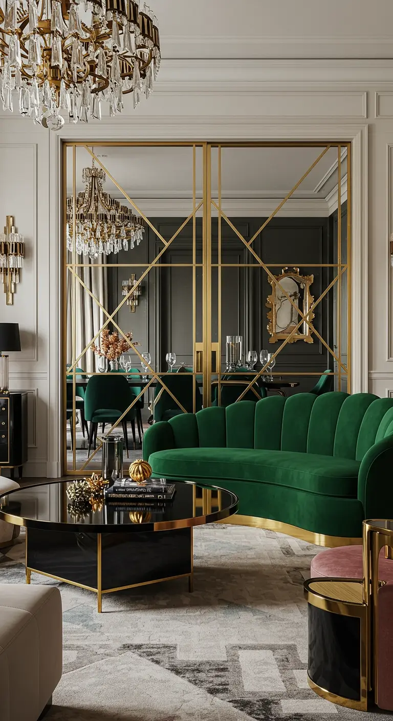 Elegante Art Deco glazen deuren met gouden geometrische patronen en smaragdgroene bank.