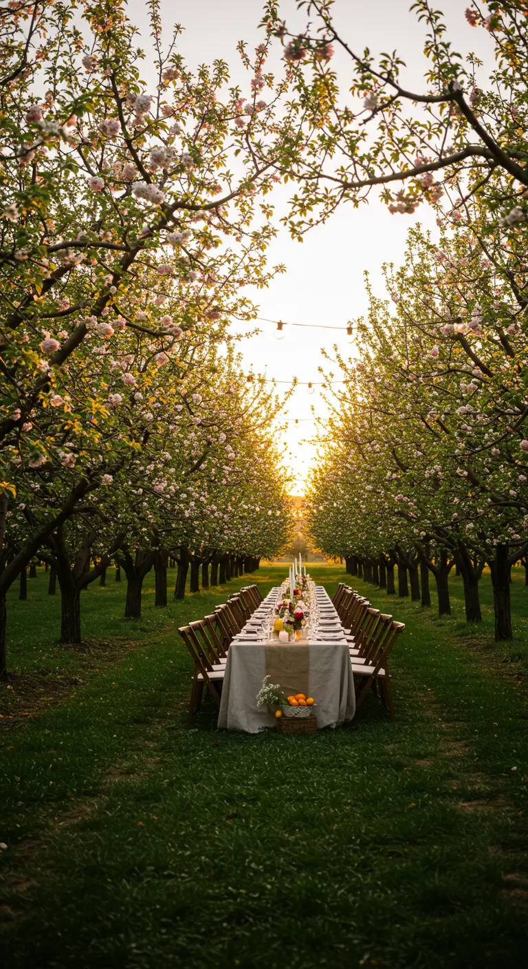 Lange, gedekte tafel in een boomgaard tijdens zonsondergang, met bloesembomen.