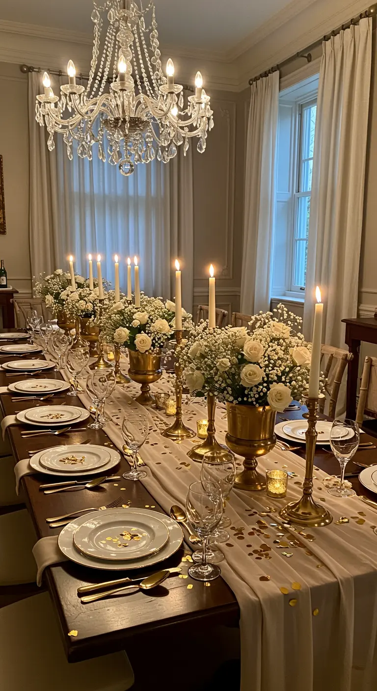 Elegant gedekte dinertafel met witte rozen, gouden kandelaars en confetti onder een kroonluchter.
