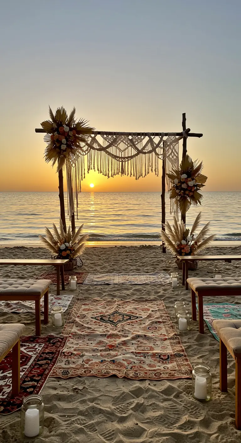 Bohemian strandceremonie opstelling bij zonsondergang met macramé boog.