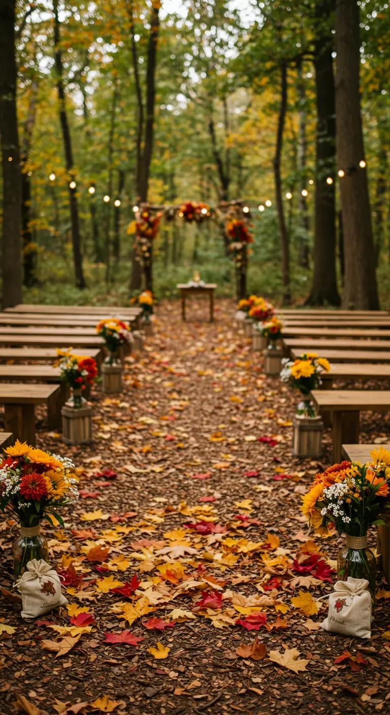 Boscategorie met herfstbladeren op het gangpad en warme bloemstukken.