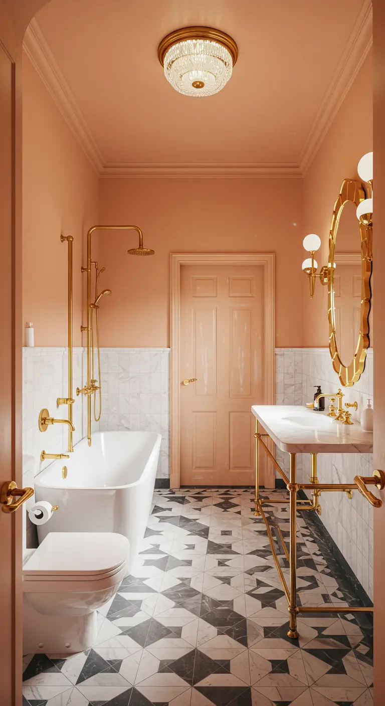 Badkamer met perzikkleurige muren, gouden kranen en een zwart-wit grafische tegelvloer.