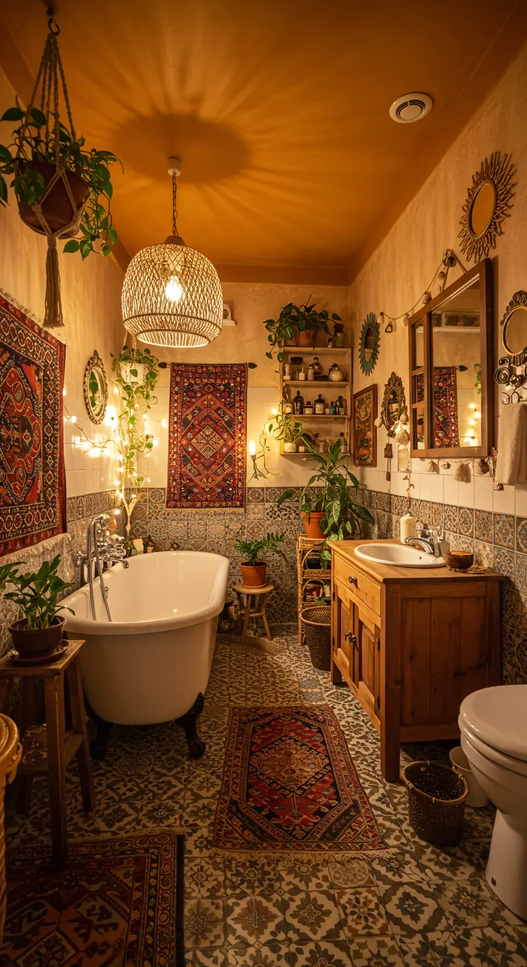 Bohemian badkamer met warm oranjegeel plafond, lichtslingers en planten.