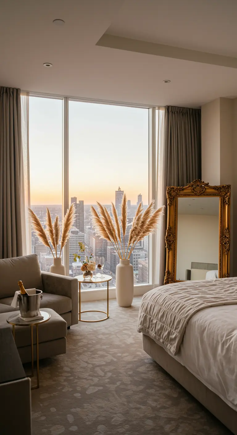Hotelkamer met pampasgras, gouden spiegel en uitzicht op stad bij zonsondergang.