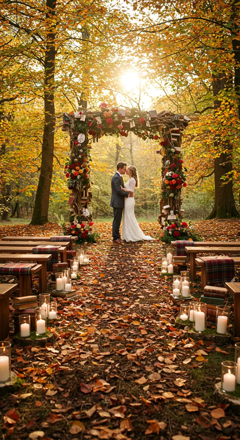 Trouwceremonie in herfstbos met boog van boeken en bloemen, bruidspaar kust.