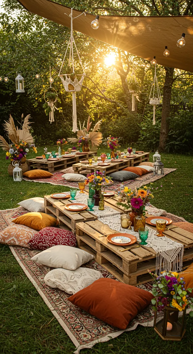 Bohemien verjaardagspicknick met pallets, kussens en lantaarns.