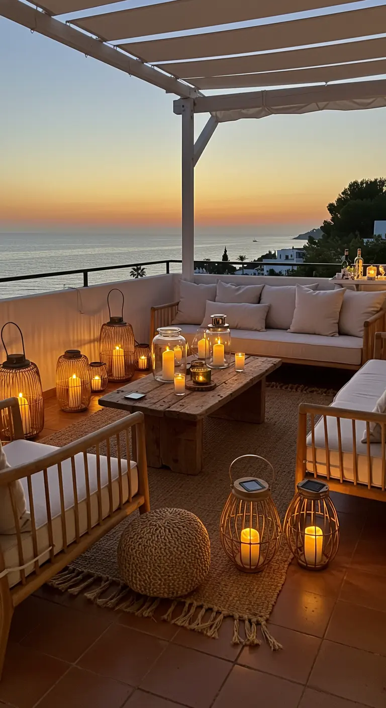 Balkon met loungeset en vele lantaarns tijdens zonsondergang met uitzicht op zee.