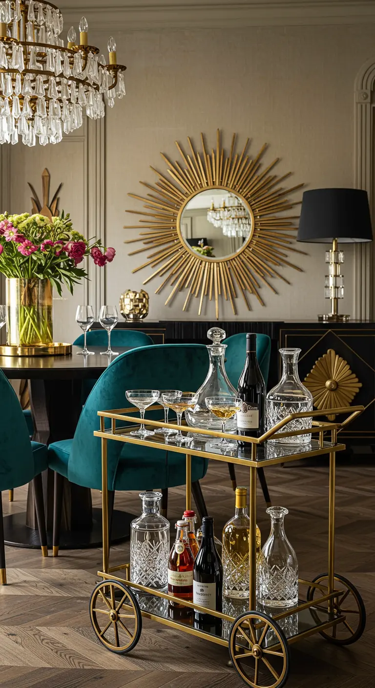 Elegante gouden bar-trolley met wijnflessen, karaffen en glazen in een chique eetkamer.