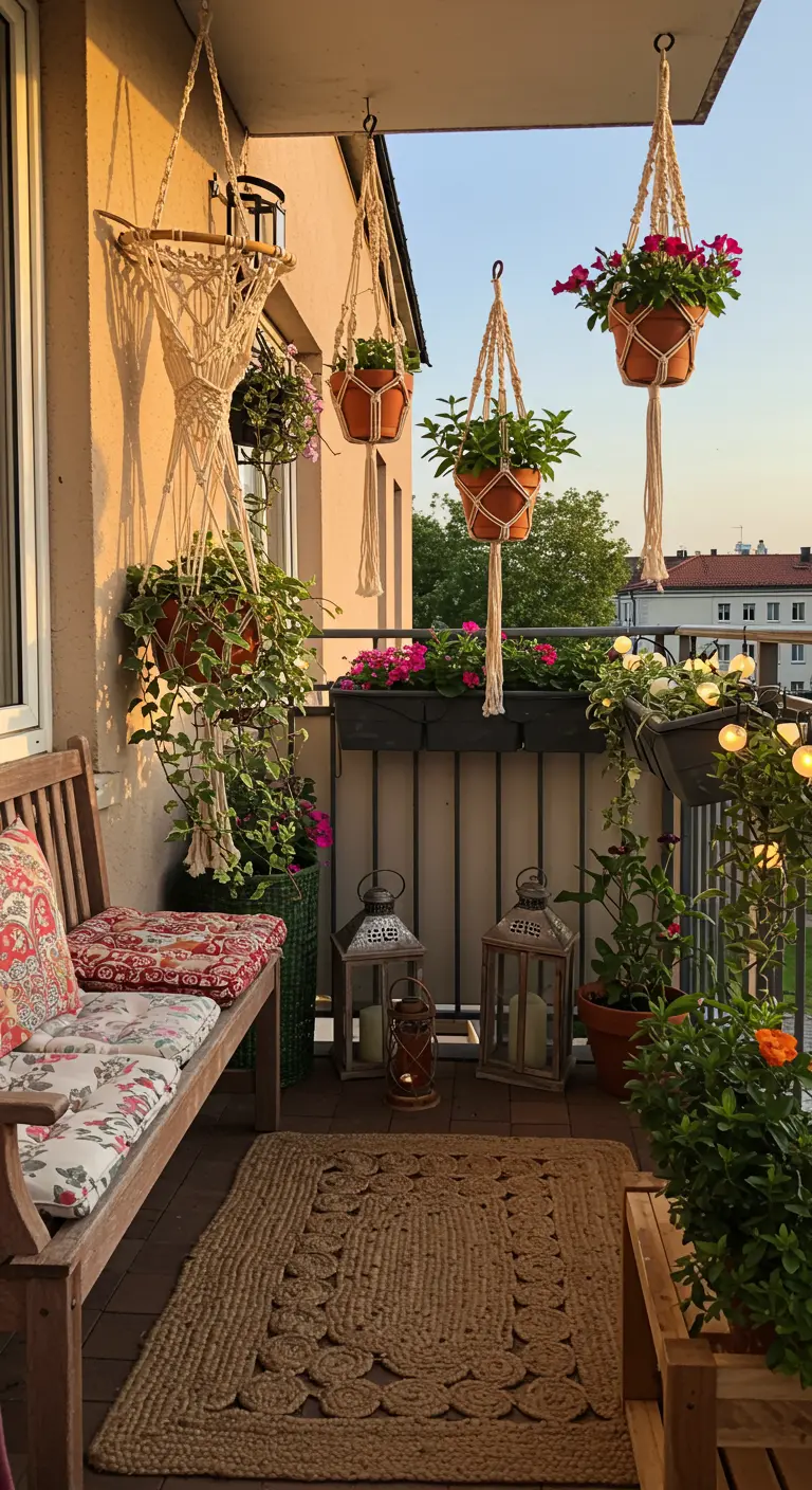 Balkon met macramé hangplanten, houten bank en lantaarns bij zonsondergang.