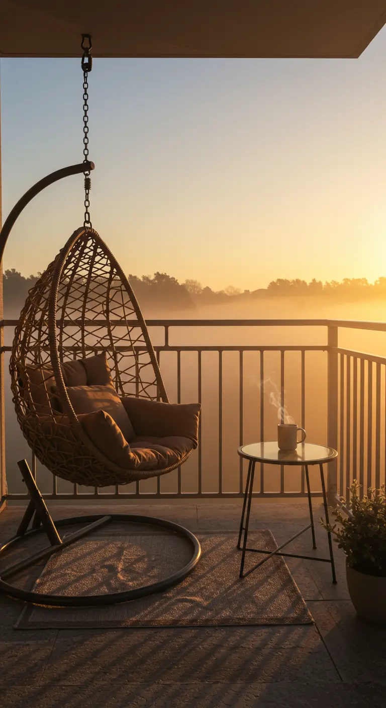 Sfeervol balkon 12 met hangstoel en uitzicht op zonsopgang