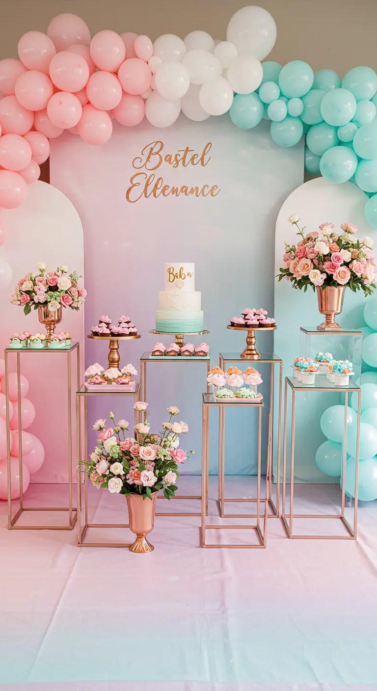 Elegante babyshower desserttafel met gouden standaards en pastel ombre achtergrond.