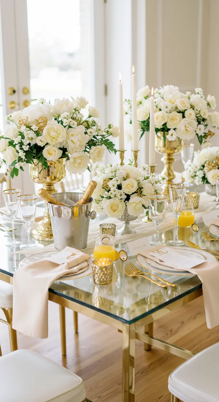 Elegante brunchtafel in wit en goud met witte rozen, gouden bestek en champagne.