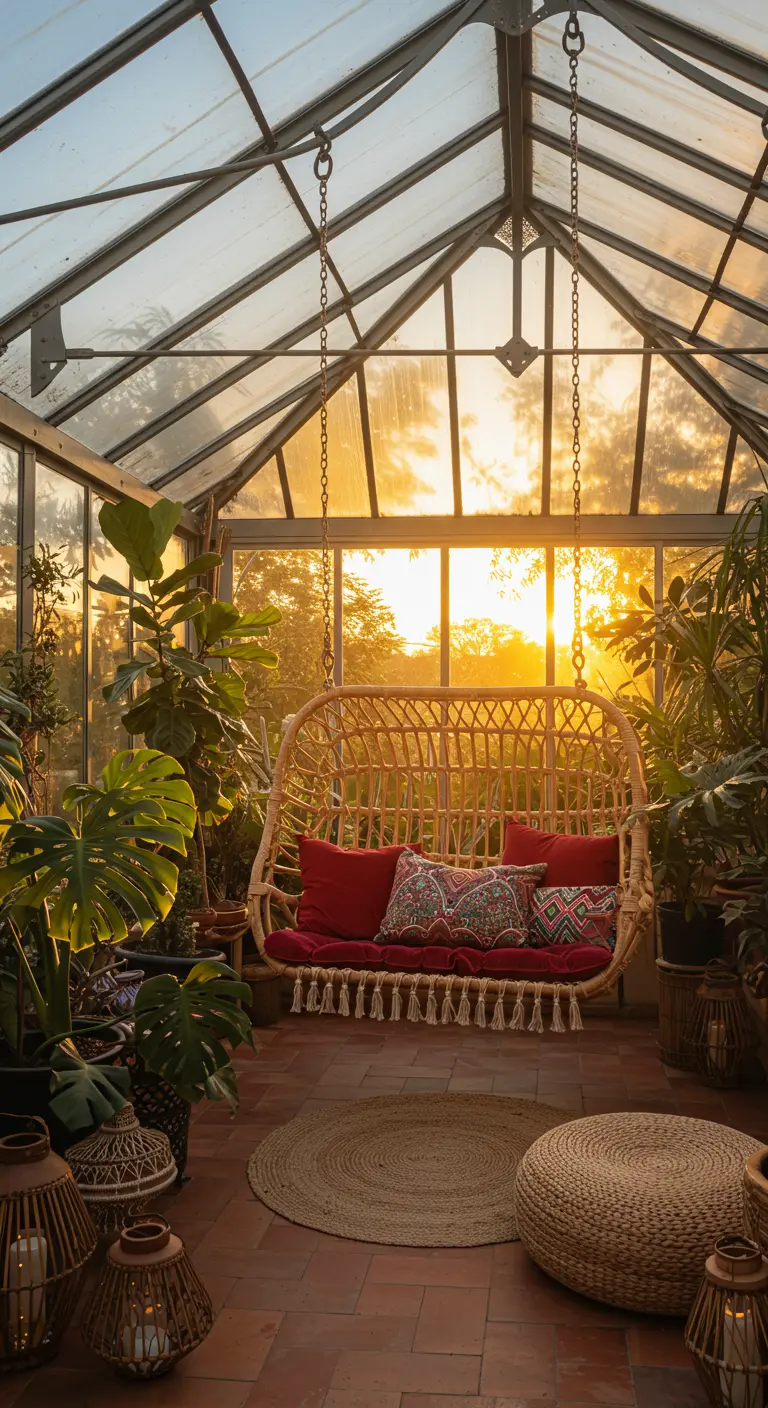 Rotan hangbank met rode kussens in glazen serre vol planten bij zonsondergang.
