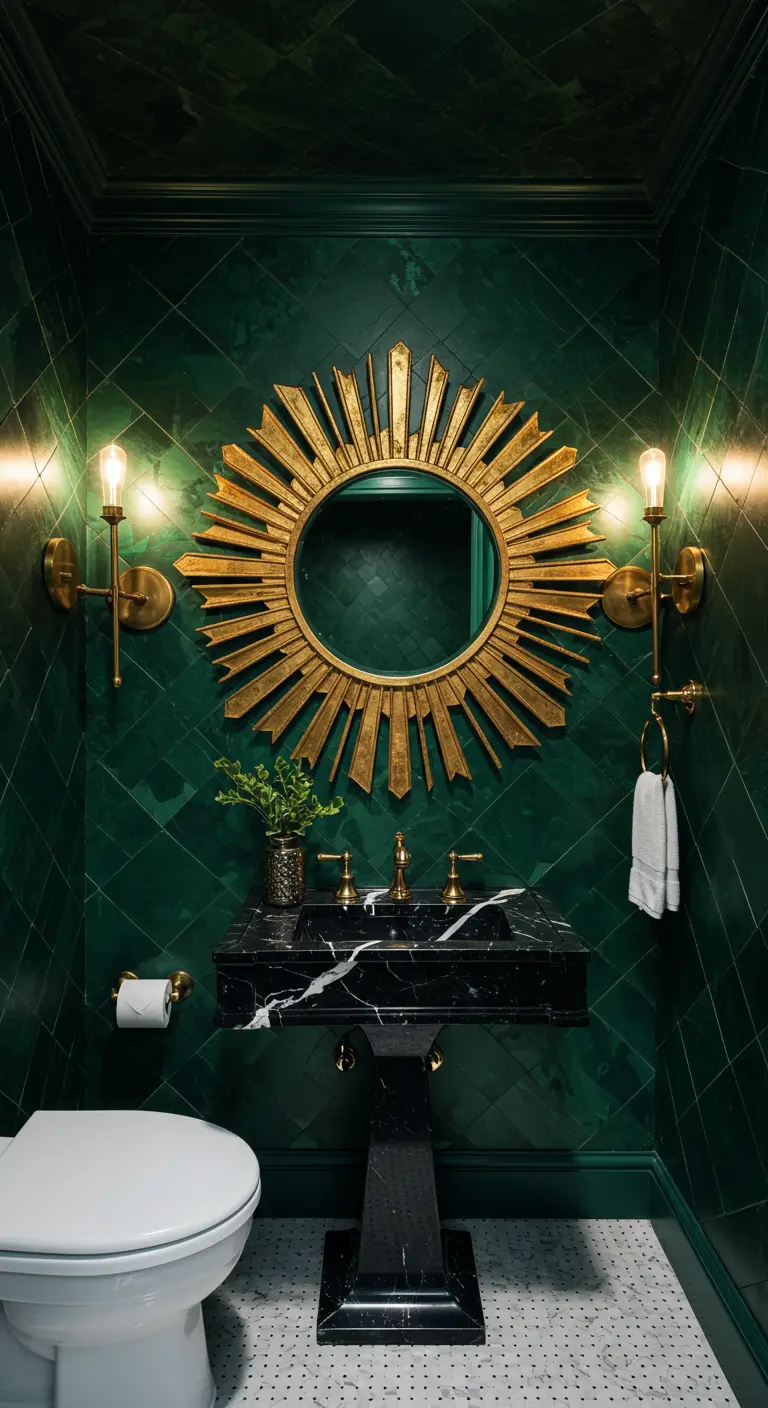 Donkergroene badkamer met zwarte wastafel en gouden sunburst spiegel.