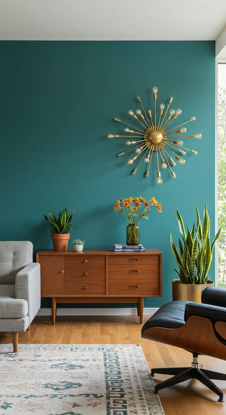 Petrolkleurige muur met gouden sunburst wandlamp boven houten dressoir.